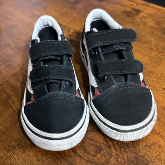 Vans Toddler Old Skool V Metallic Flame Sz 7C Black White Hook& Loop Shoes EUC - Picture 7 of 8